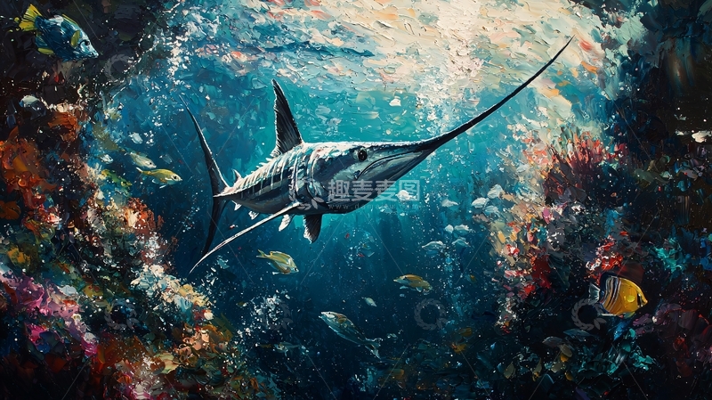 高清大图下载【趣麦麦图】深海捕猎者：剑鱼与珊瑚礁