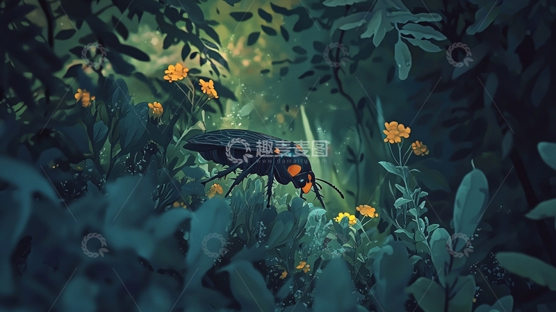 高清大图下载【趣麦麦图】夜晚森林中的昆虫与花朵