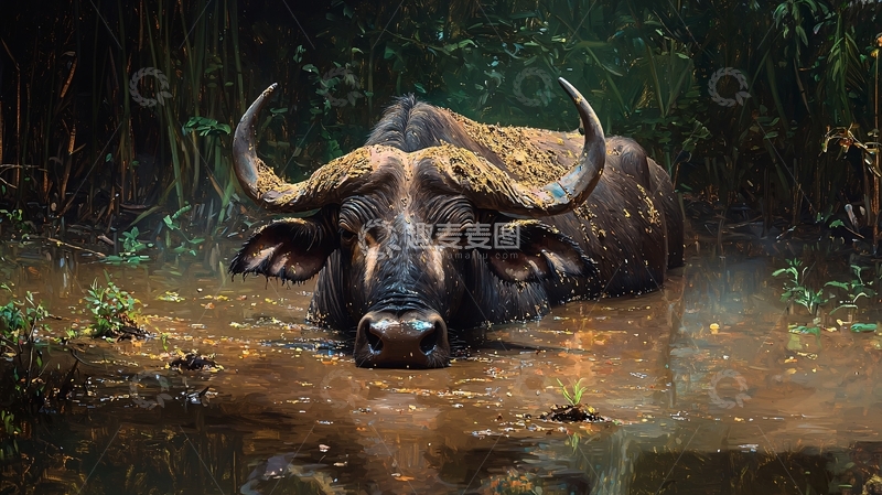 高清大图下载【趣麦麦图】水牛在沼泽地休息