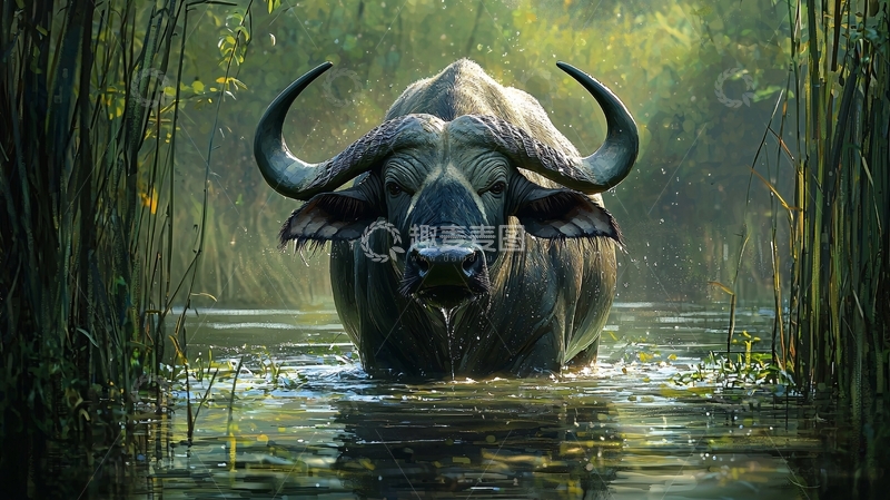 高清大图下载【趣麦麦图】水中的水牛高清图片