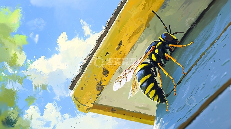 高清大图下载【趣麦麦图】蜜蜂爬在黄色木板上