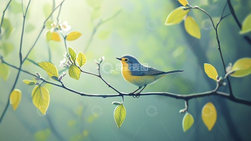 高清大图下载【趣麦麦图】春日鸟儿栖息在树枝上