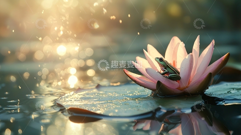 高清大图下载【趣麦麦图】荷叶上的青蛙与水光粼粼