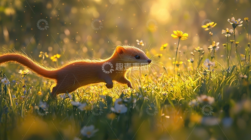 高清大图下载【趣麦麦图】阳光下的小动物奔跑在花丛中