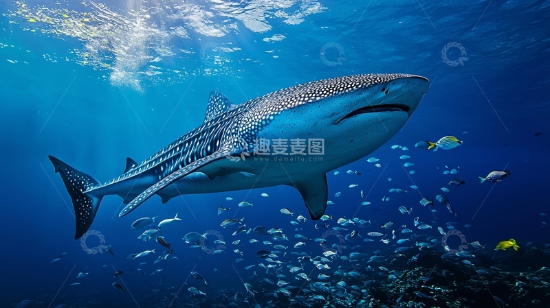 高清大图下载【趣麦麦图】鲸鲨与珊瑚礁下的小鱼群