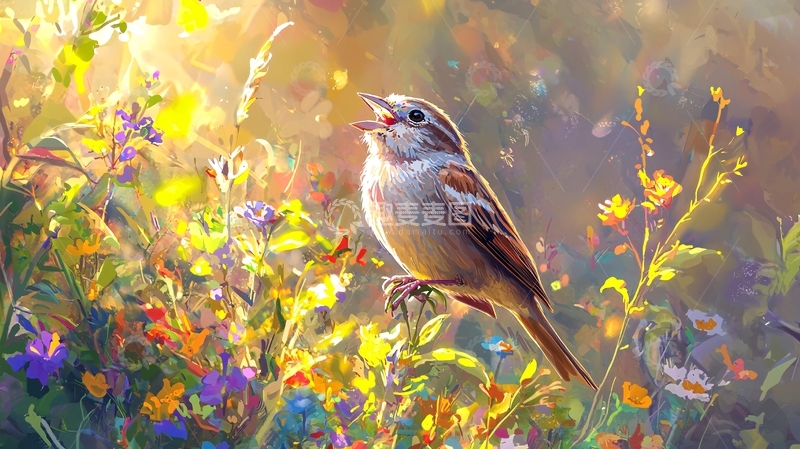 高清大图下载【趣麦麦图】阳光下的鸟与花
