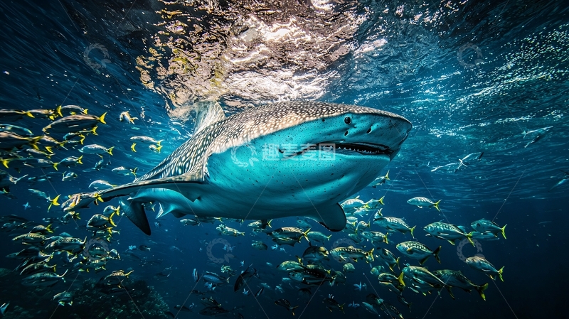 高清大图下载【趣麦麦图】鲸鲨与小鱼群游海底