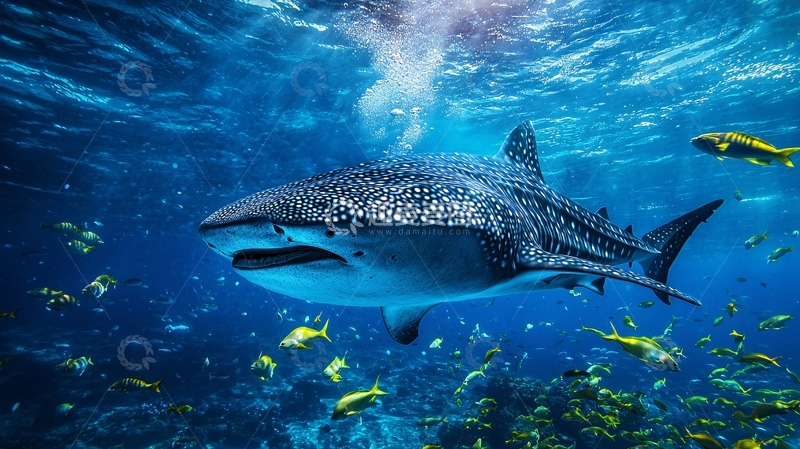 高清大图下载【趣麦麦图】鲸鲨与热带鱼群游弋于深海