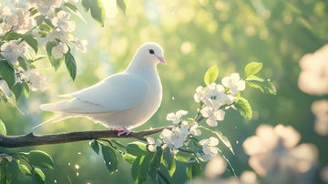 白鸽栖息在花枝上