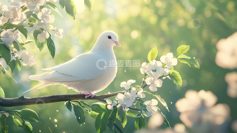 高清大图下载【趣麦麦图】白鸽栖息在花枝上