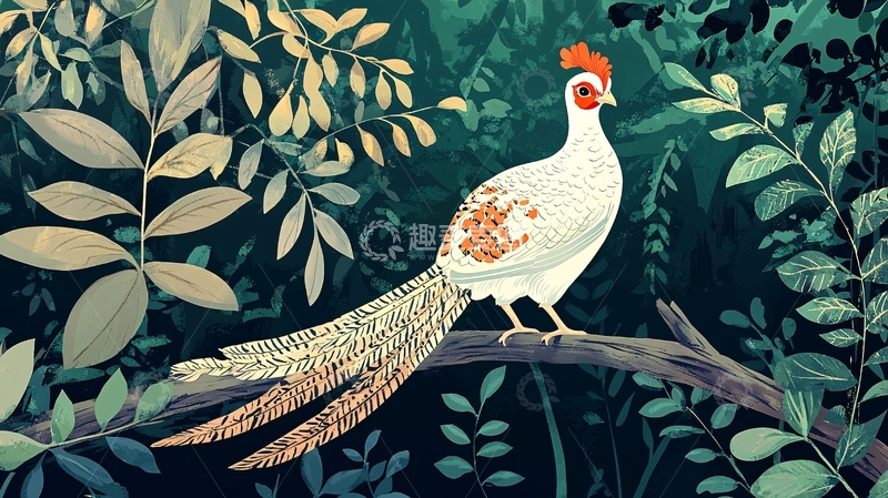 高清大图下载【趣麦麦图】白鹇栖息在树枝上的插画