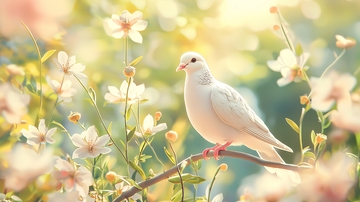 白鸽与春天花朵