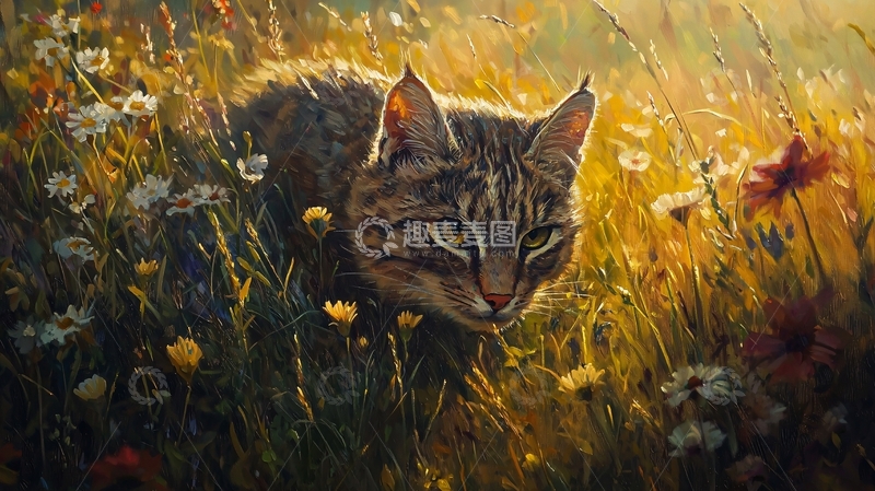 高清大图下载【趣麦麦图】野猫在花丛中