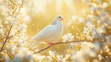 白鸽栖息在花枝上