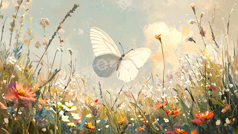 高清大图下载【趣麦麦图】白色蝴蝶与野花的梦幻场景