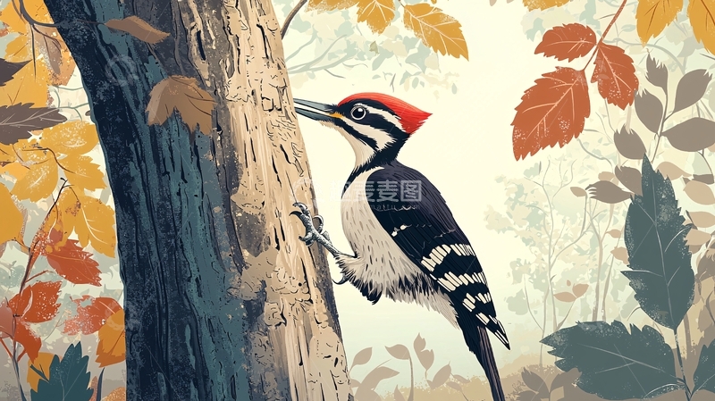 高清大图下载【趣麦麦图】秋日森林中的啄木鸟