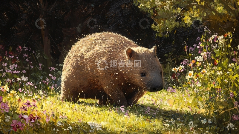 高清大图下载【趣麦麦图】袋熊在花丛中的宁静时刻