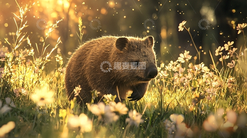 高清大图下载【趣麦麦图】阳光下的袋熊与野花