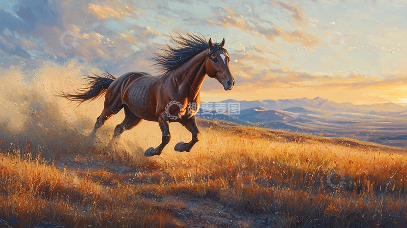 高清大图下载【趣麦麦图】奔腾的骏马与壮丽山景
