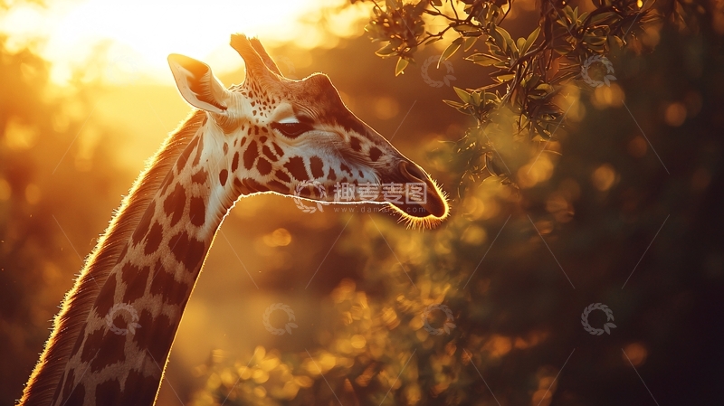 高清大图下载【趣麦麦图】夕阳下的长颈鹿