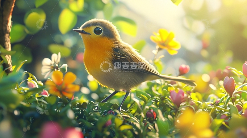 高清大图下载【趣麦麦图】阳光下的小鸟与花朵
