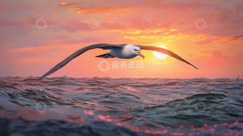 高清大图下载【趣麦麦图】海鸥日落海面飞翔