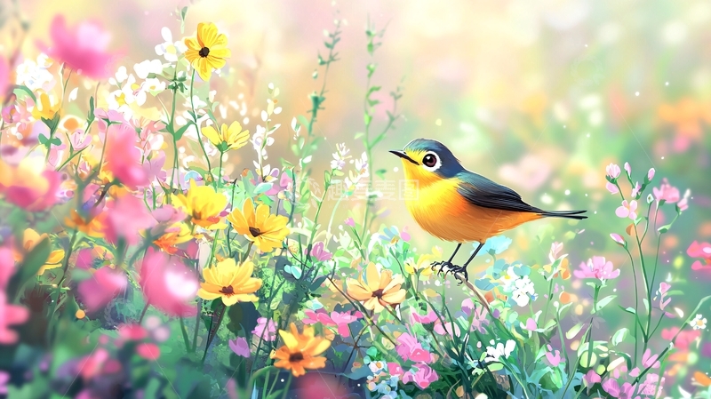 高清大图下载【趣麦麦图】春天花丛中的小鸟