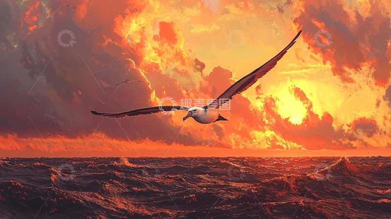 高清大图下载【趣麦麦图】海鸥日落海面飞翔