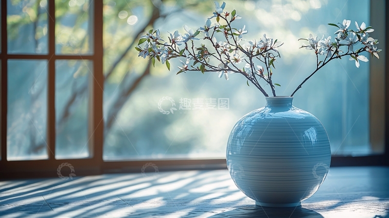 高清大图下载【趣麦麦图】阳光中的淡蓝色与浅灰色插花