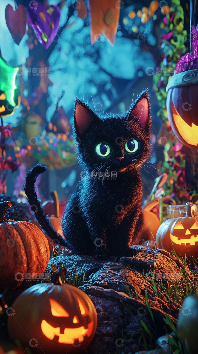 高清大图下载【趣麦麦图】万圣节黑猫南瓜灯背景