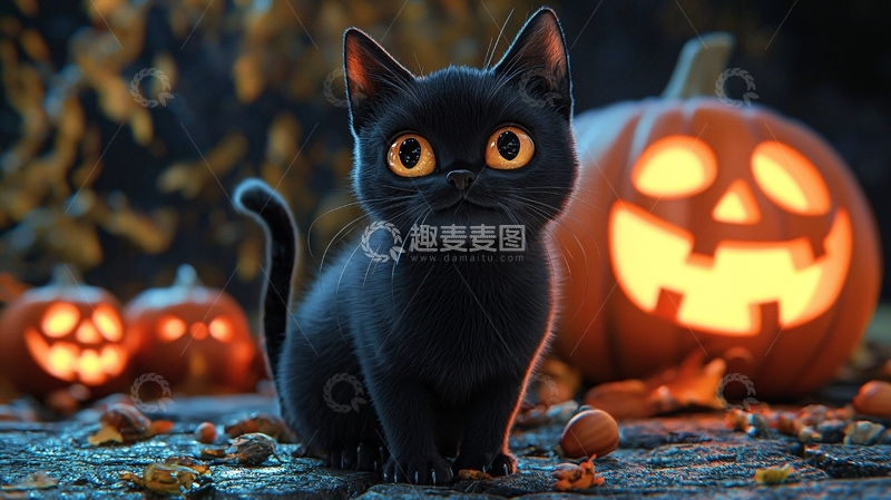 高清大图下载【趣麦麦图】万圣节黑猫与南瓜灯