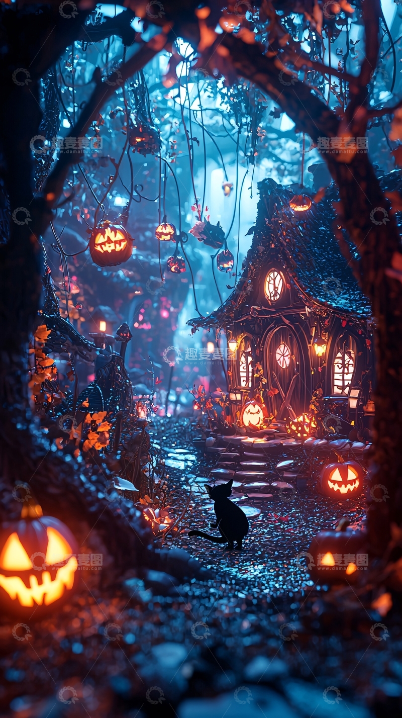 高清大图下载【趣麦麦图】万圣节森林中的小屋与南瓜灯