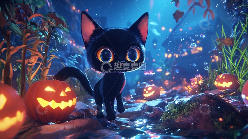 高清大图下载【趣麦麦图】万圣节黑猫与南瓜灯