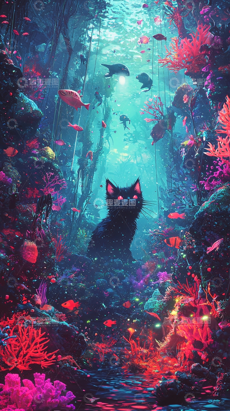 高清大图下载【趣麦麦图】海底黑猫梦幻场景