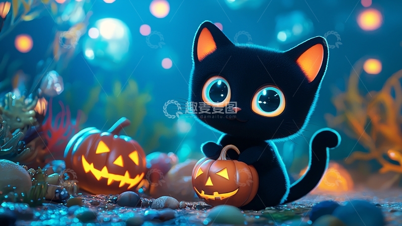 高清大图下载【趣麦麦图】万圣节黑猫与南瓜灯