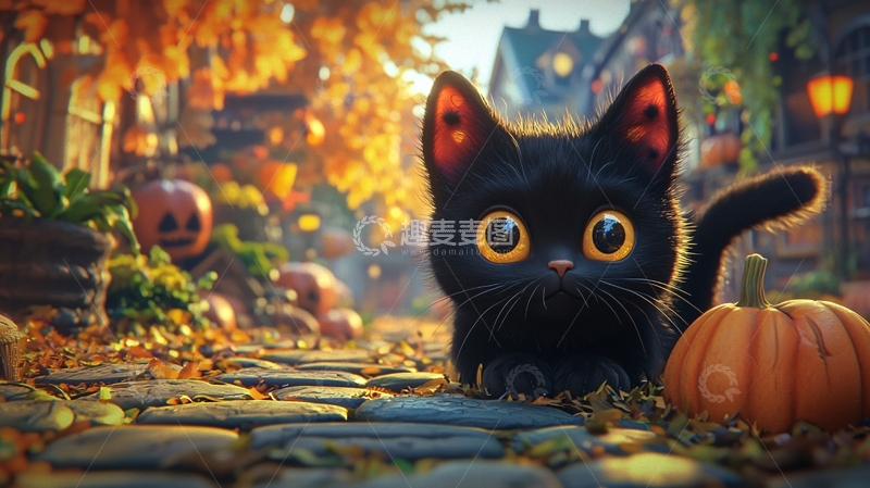 高清大图下载【趣麦麦图】万圣节黑猫南瓜落叶街道