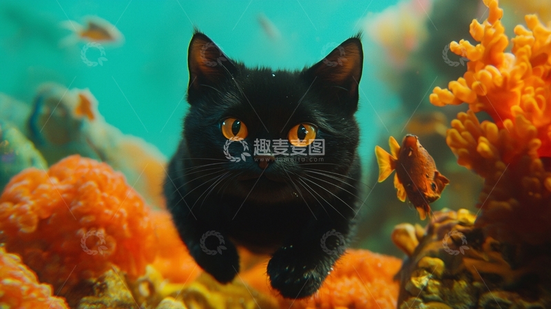 高清大图下载【趣麦麦图】黑猫与珊瑚礁下的鱼群