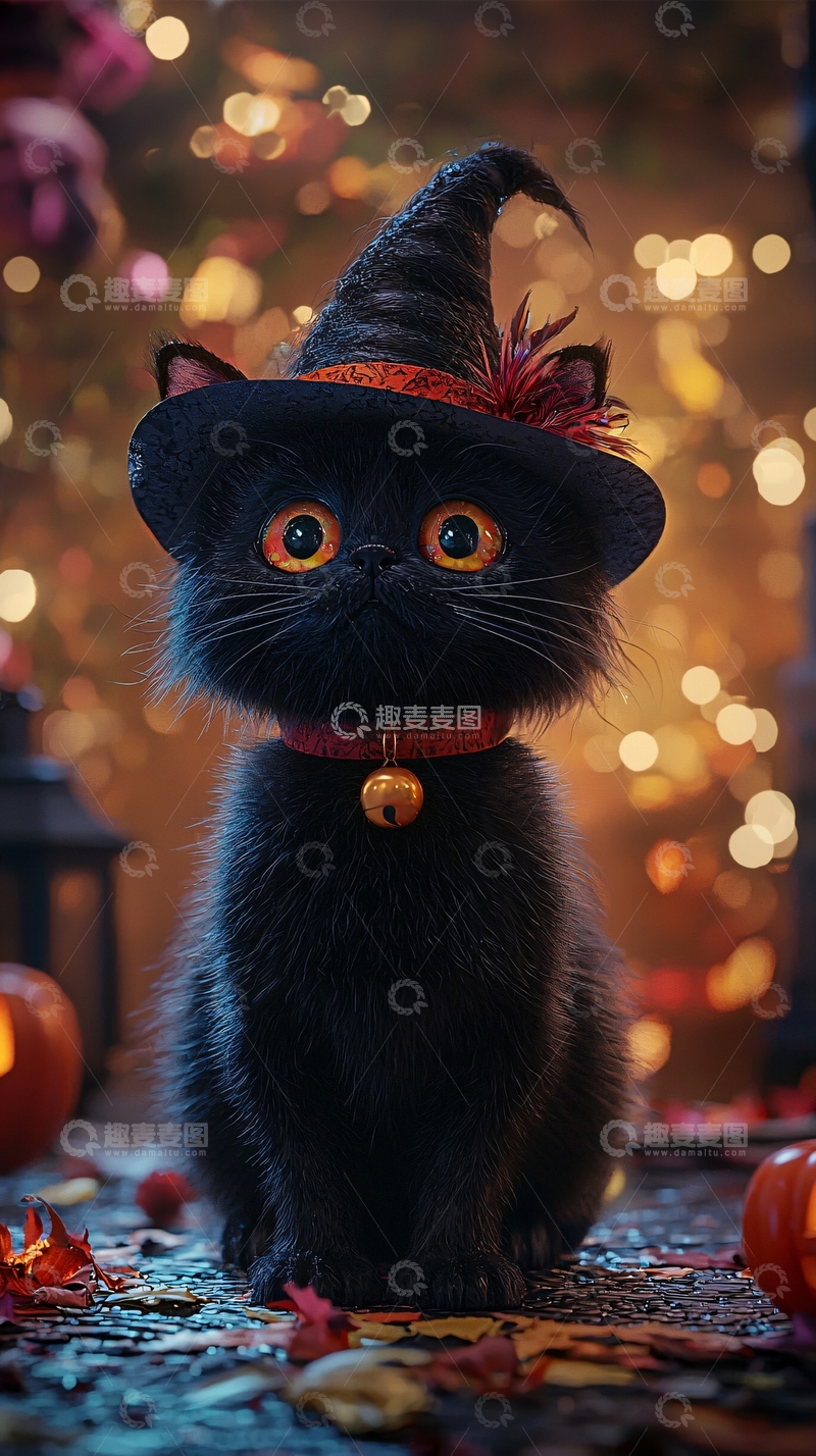 高清大图下载【趣麦麦图】万圣节黑猫巫师帽