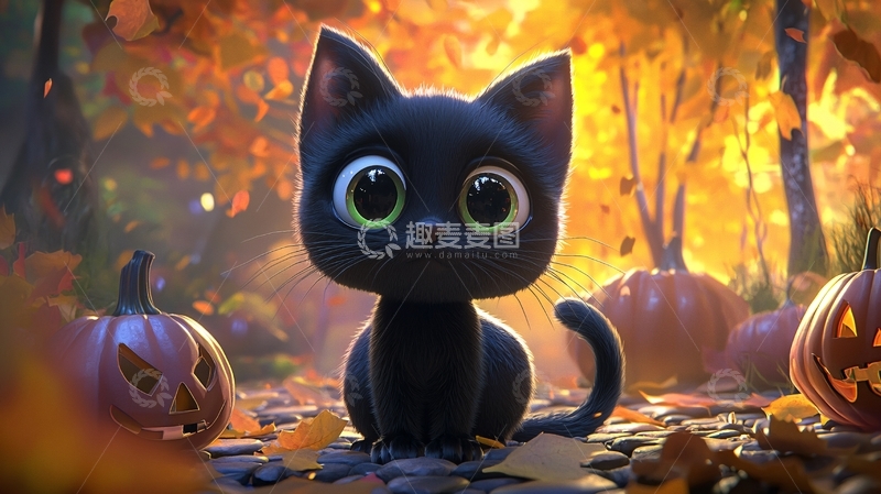 高清大图下载【趣麦麦图】万圣节黑猫与南瓜灯