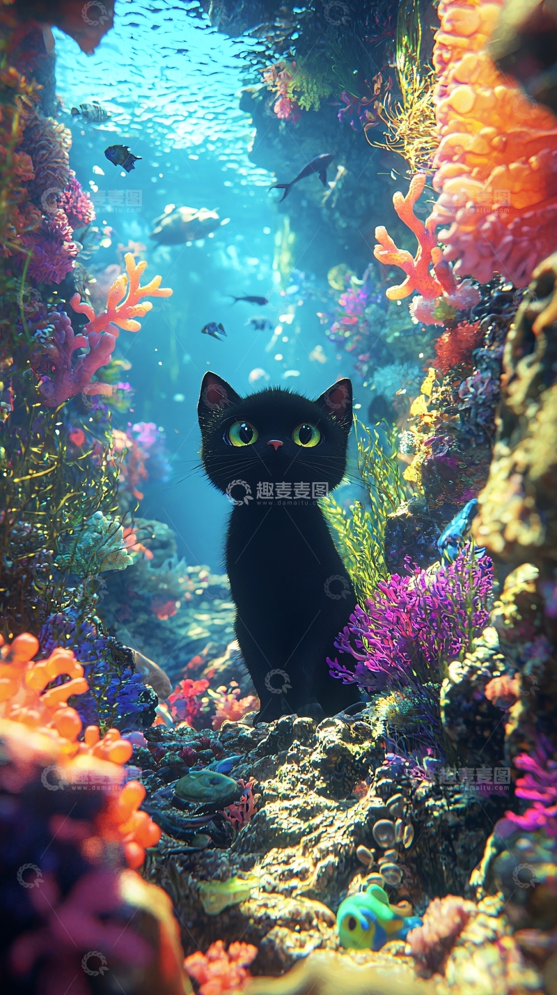 高清大图下载【趣麦麦图】海底黑猫探险