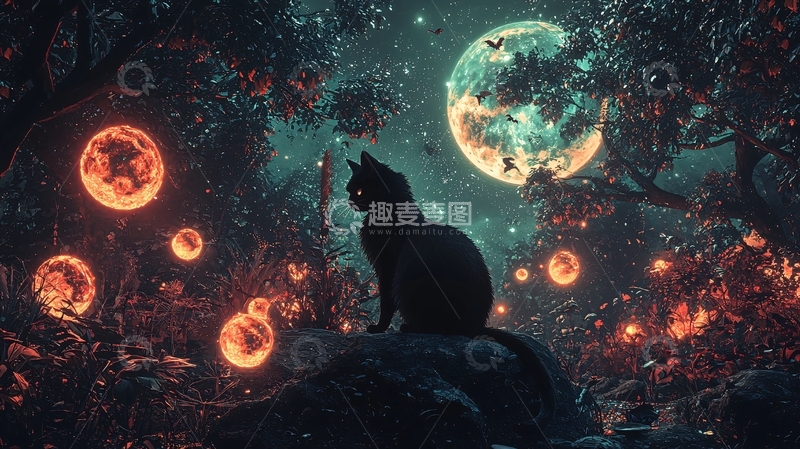 高清大图下载【趣麦麦图】夜色中的神秘黑猫与星球