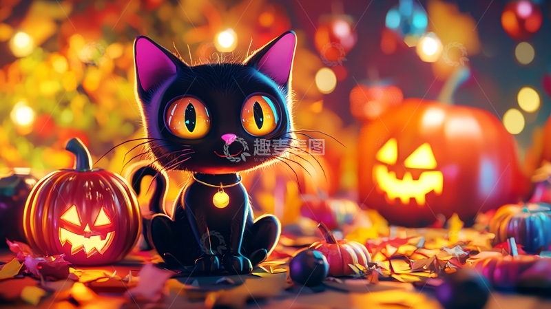 高清大图下载【趣麦麦图】万圣节黑猫与南瓜灯