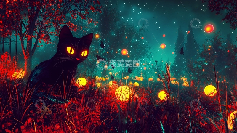 高清大图下载【趣麦麦图】黑猫森林中的神秘夜晚