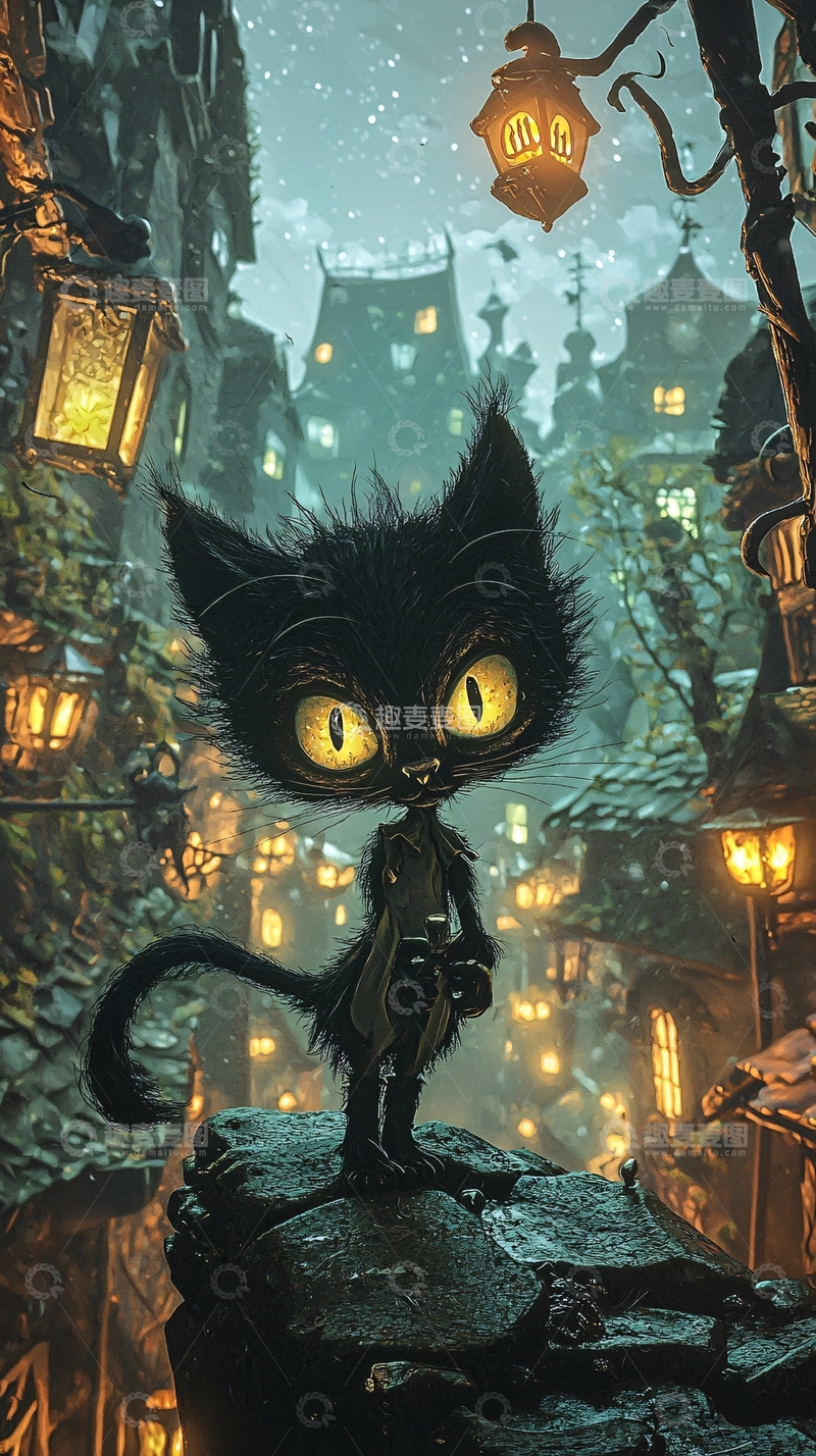 高清大图下载【趣麦麦图】黑猫雪夜灯笼古堡