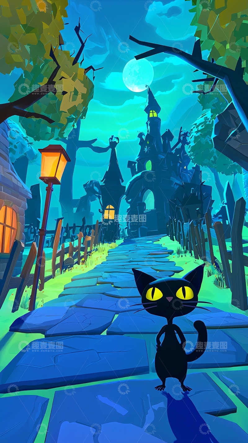高清大图下载【趣麦麦图】夜晚森林中的黑猫