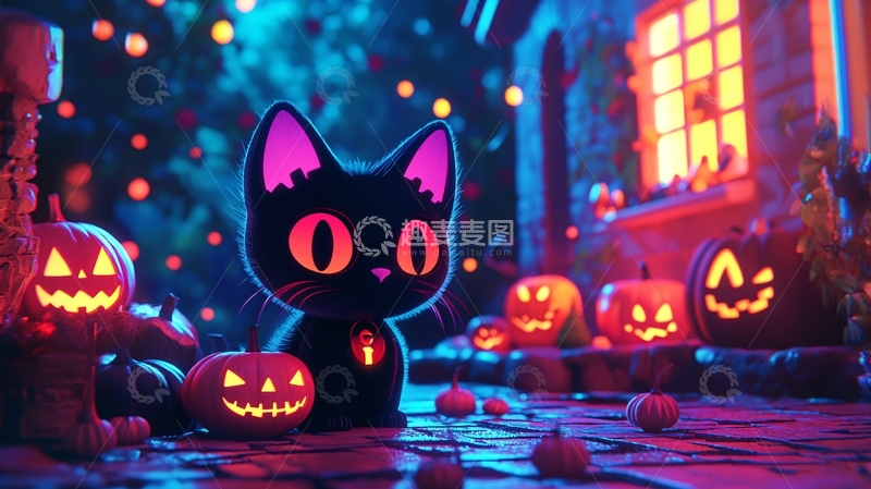 高清大图下载【趣麦麦图】万圣节黑猫与南瓜灯
