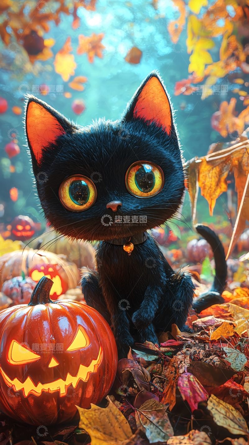 高清大图下载【趣麦麦图】万圣节黑猫与南瓜灯
