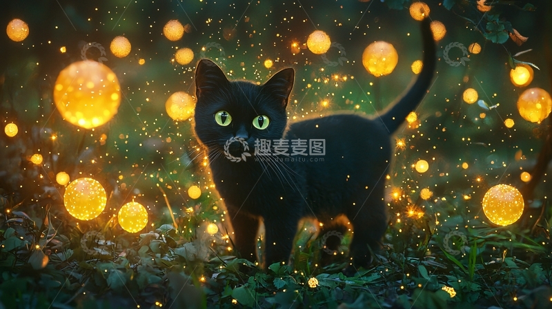 高清大图下载【趣麦麦图】黑猫与梦幻光球