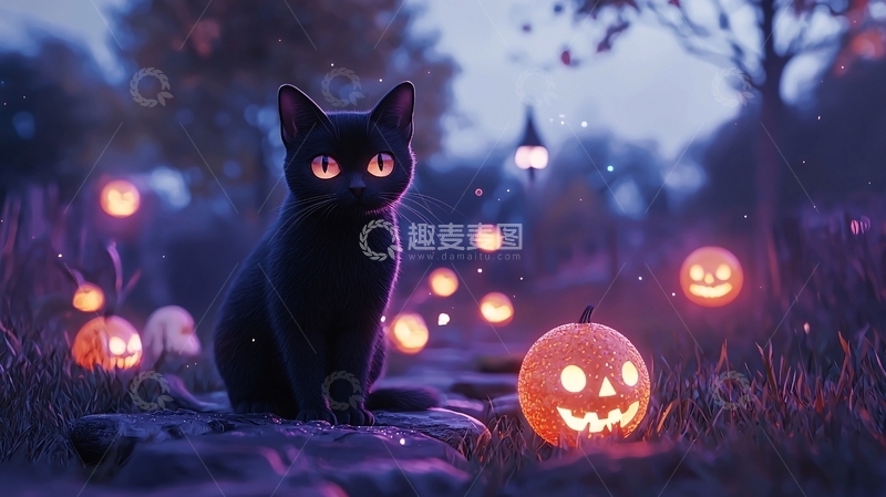 高清大图下载【趣麦麦图】万圣节黑猫与南瓜灯