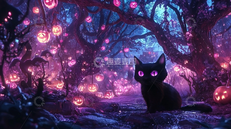 高清大图下载【趣麦麦图】万圣节森林中的黑猫